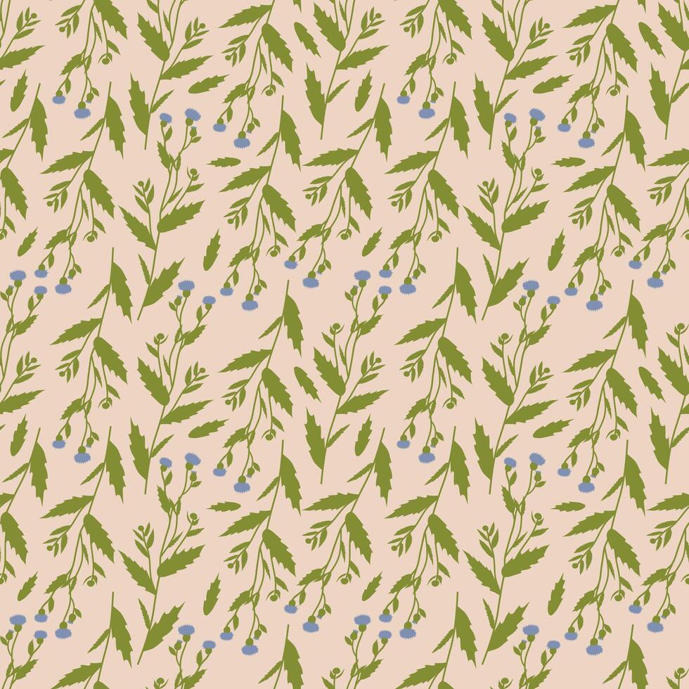 Seamless Floral Pattern with Leaves and Blue Flowers. Elegant green leaves and delicate blue flowers on a light beige background. Ideal for textile, wallpaper, and stationery design. vector