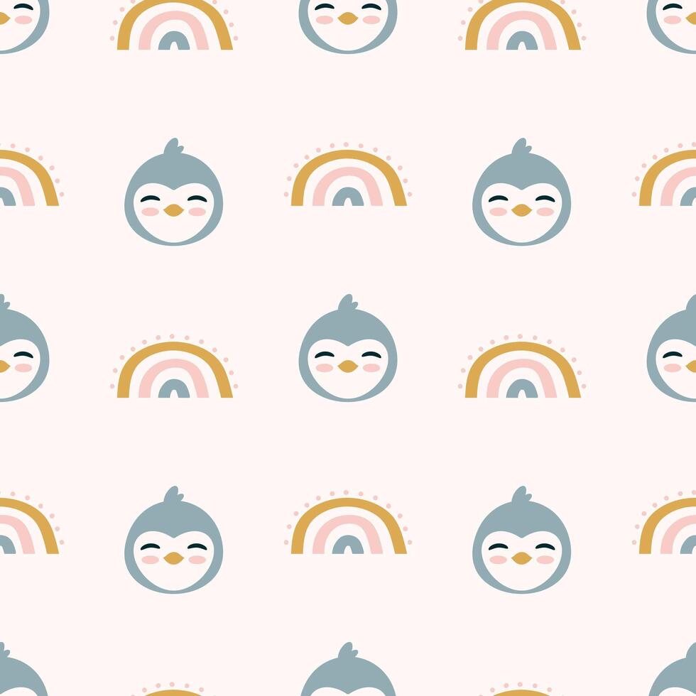 Cute Penguin and Rainbow Seamless Pattern Illustration. Perfect for children's designs, wallpapers, and playful decor. vector