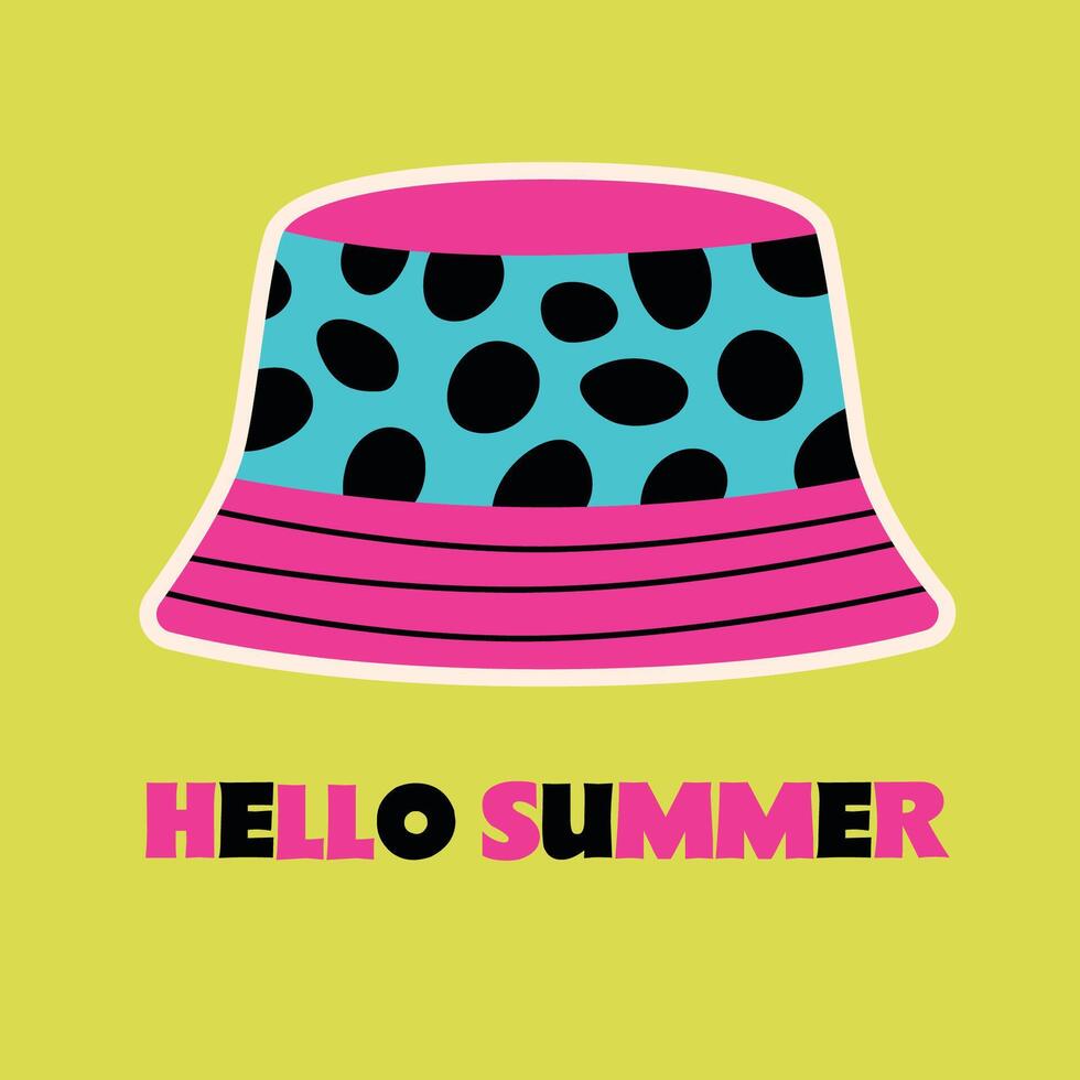 Colorful Summer Hat Illustration with Polka Dots. Bucket hat with bold pink and turquoise polka dots on a yellow background. Text Hello Summer highlights a fun, seasonal theme. vector
