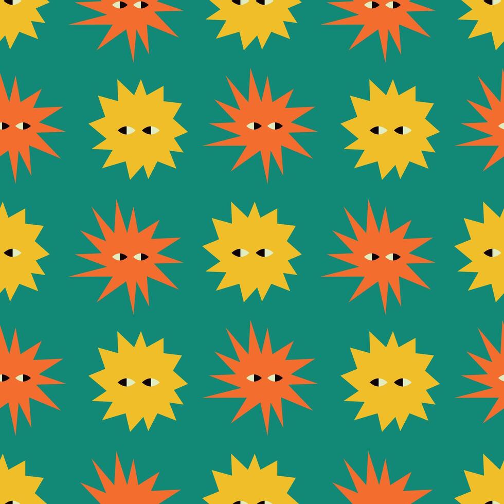 illustration of a seamless pattern featuring vibrant yellow and orange stylized sun shapes with eyes on a teal background. Perfect for textiles, wallpapers, and digital designs. vector