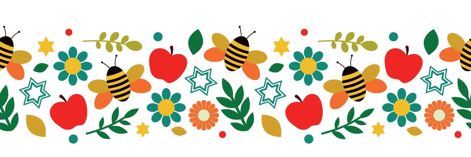 Rosh Hashanah seamless border. Bright colored bees, flowers and apples. Ideal for holiday design vector