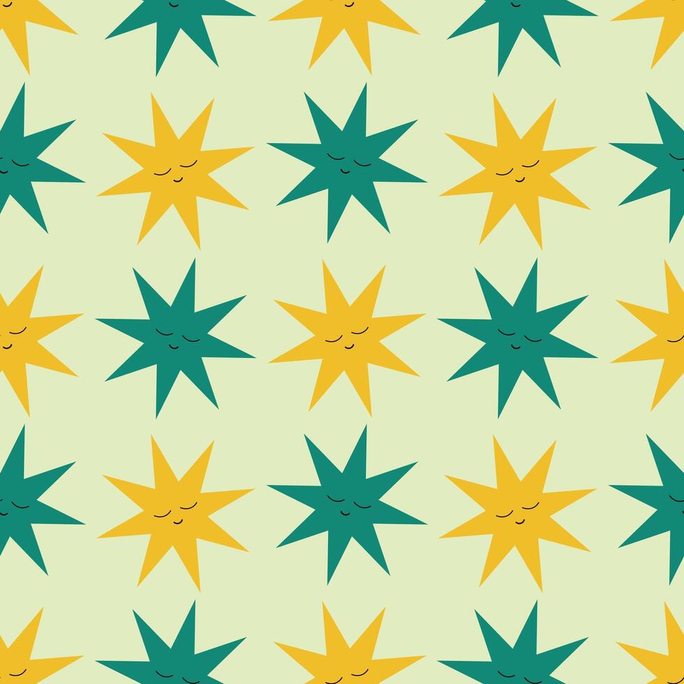 Cheerful Star Seamless Pattern with Smiling Faces Illustration. vector
