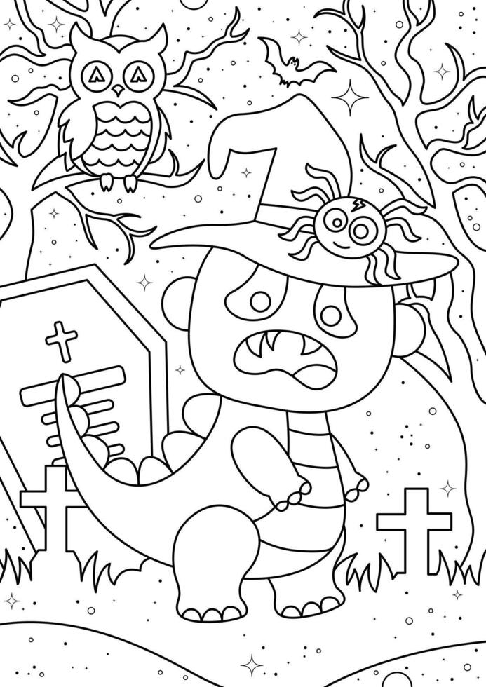 Black and white illustration for coloring book with cute dinosaur wearing a monster mask vector