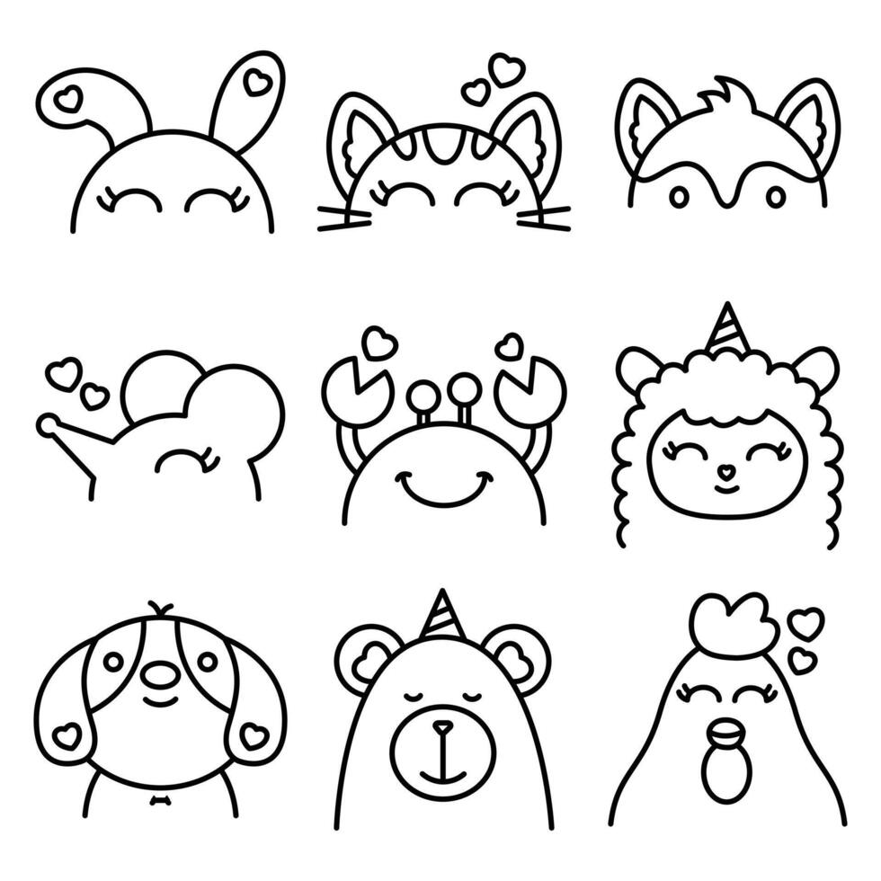 Cute hand drawn doodle animal face icon set vector