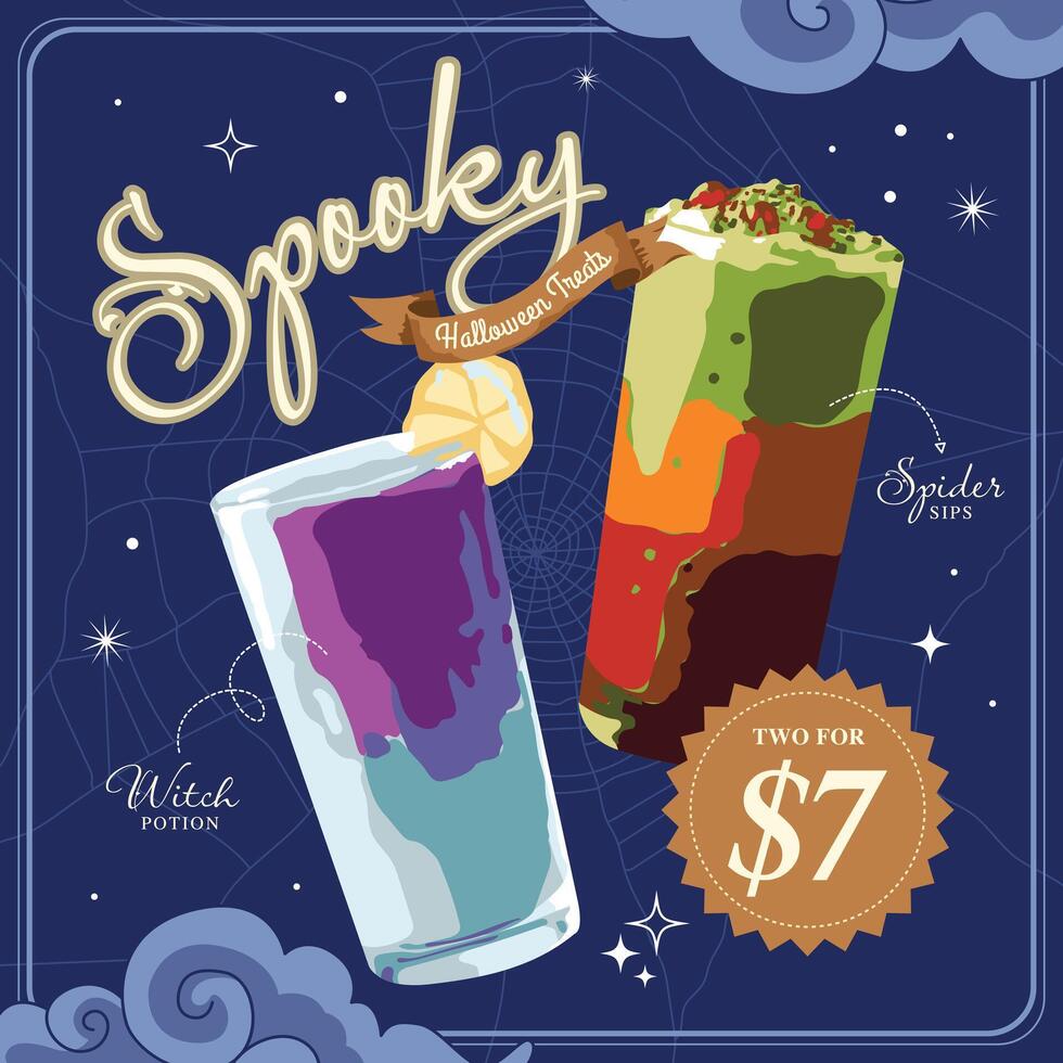 Cocktail social media design with Halloween theme on blue background vector