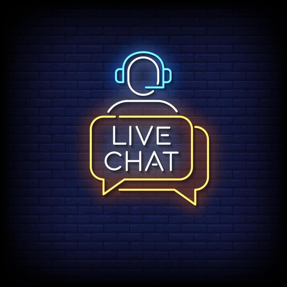 live chat neon sign with brick wall background vector