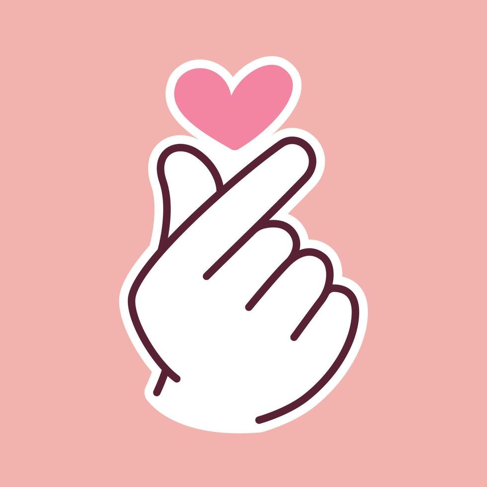 Simple and cute cartoon illustration of a hand showing finger heart gesture with a pink heart. Represents love, kindness, care, and positivity in daily life or communication. vector
