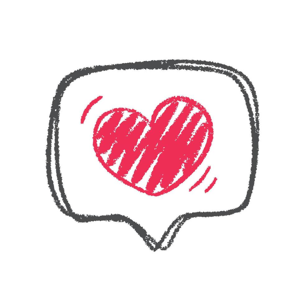 Cute crayon style heart drawing inside a speech bubble, symbolizing love, kindness, care, support, and emotional expression in communication. Perfect for children and positive messages. vector