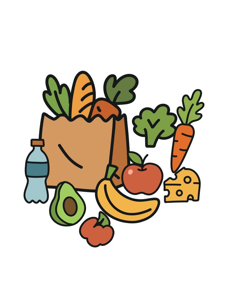 healthy food shopping, grocery bag with food vector