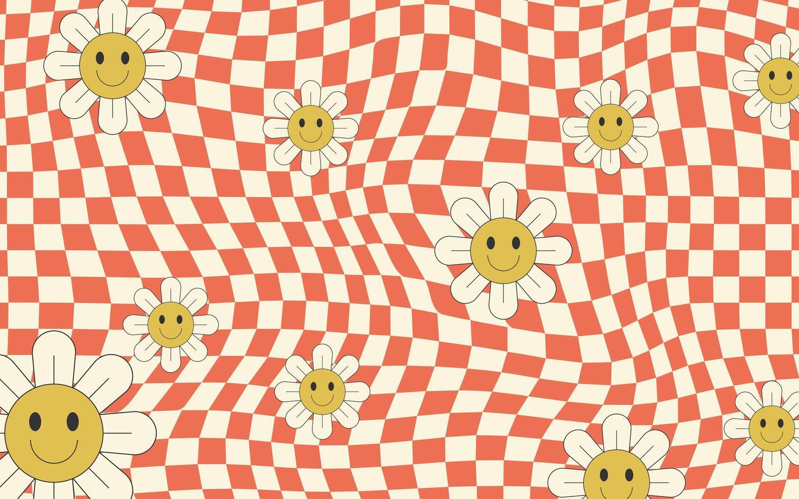 Groovy Wavy Psychedelic Checkerboard Background with Smiling Flowers . vector