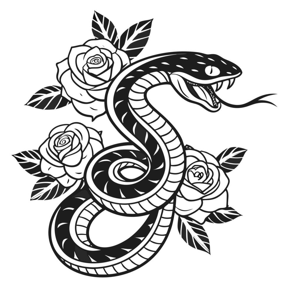 Serpent Bloom Coiled Snake with Roses vector