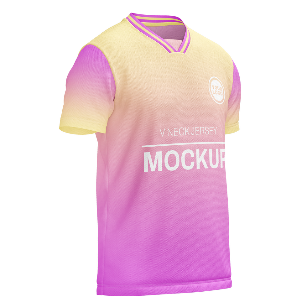 Mens v neck with flat collar layer short sleeve tshirt jersey mockup front half side view psd