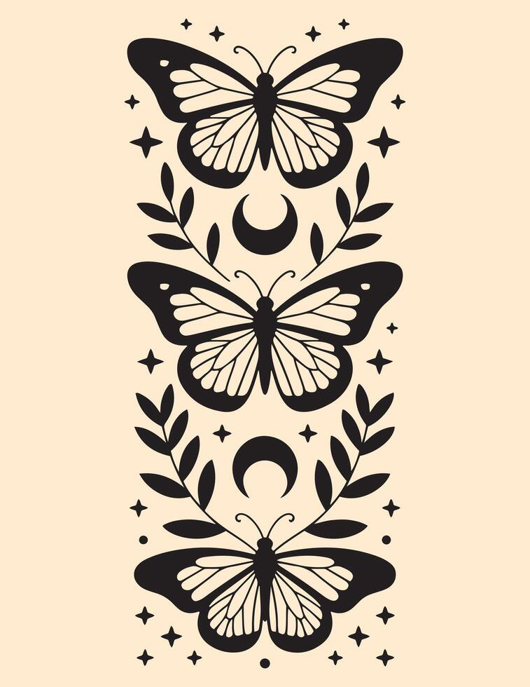magic line silhouette set of mystic flying butterfly,moth,sun and moon phase isolated. vector