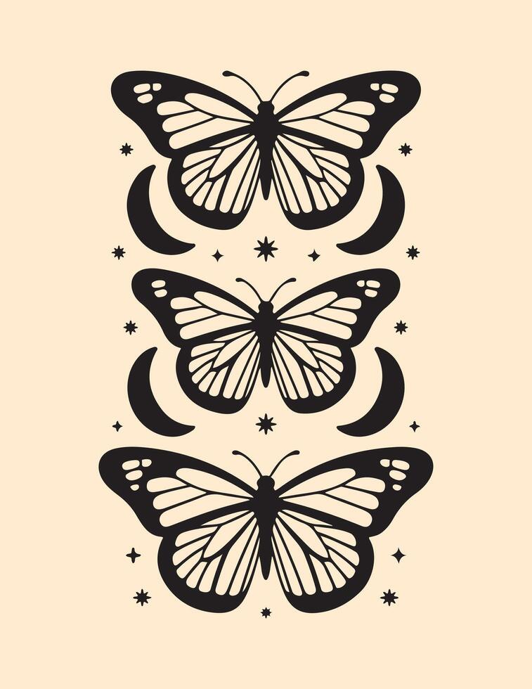 illustration with hand drawn butterfly with moon vector