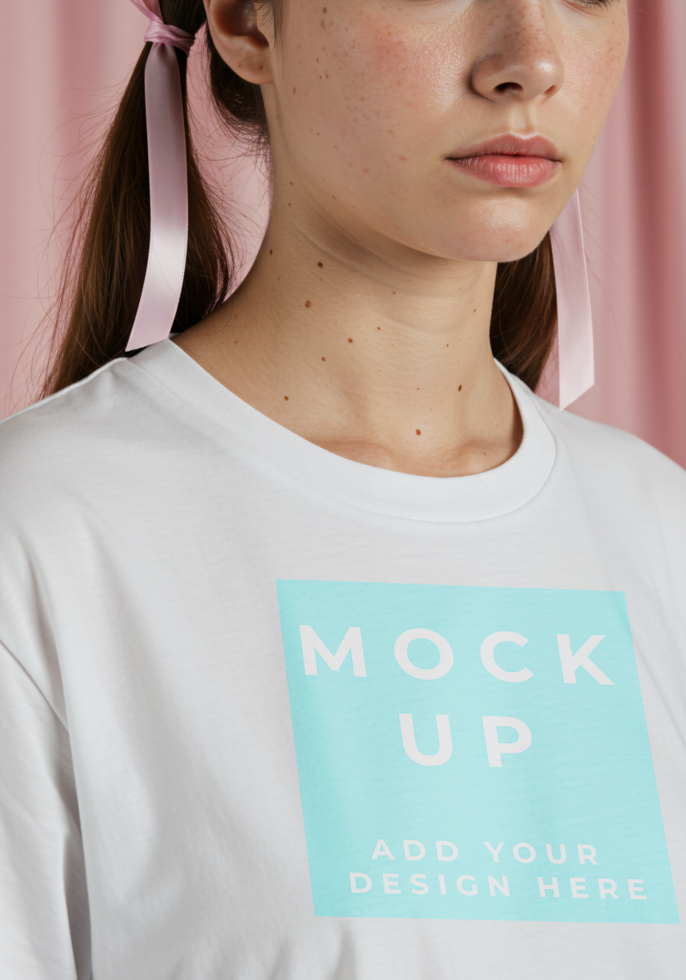 Blank White Shirt Mockup with Female Model on a Pink Backdrop psd