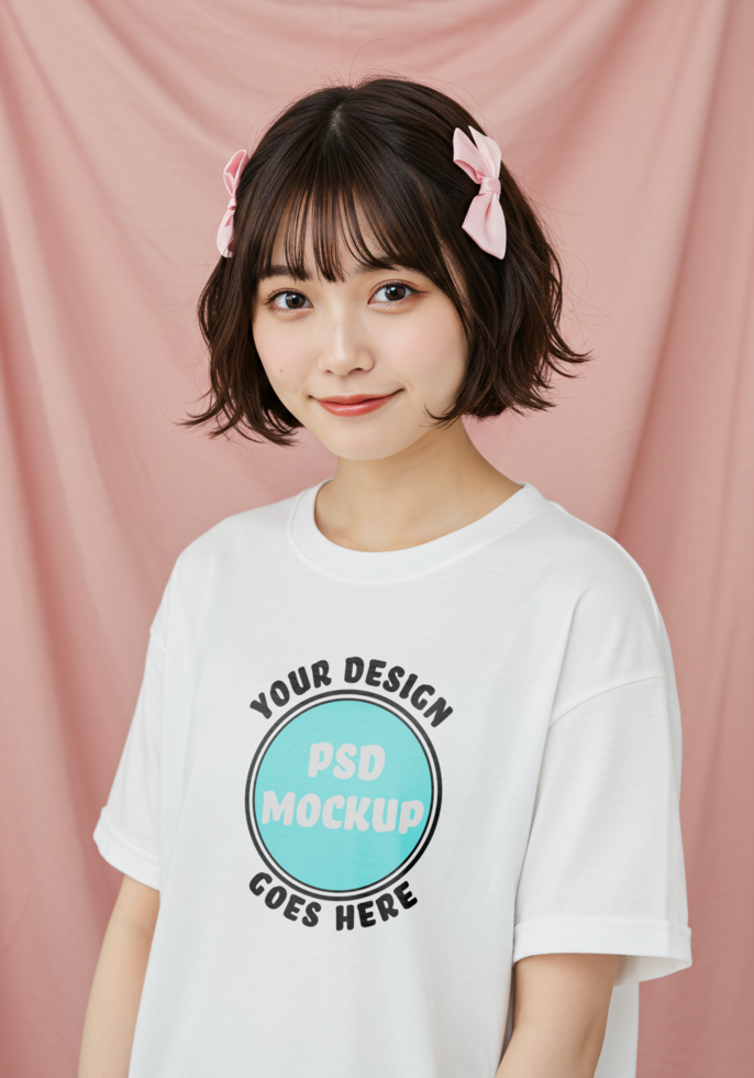 Youthful Female Model Presenting a Blank T-Shirt for POD psd