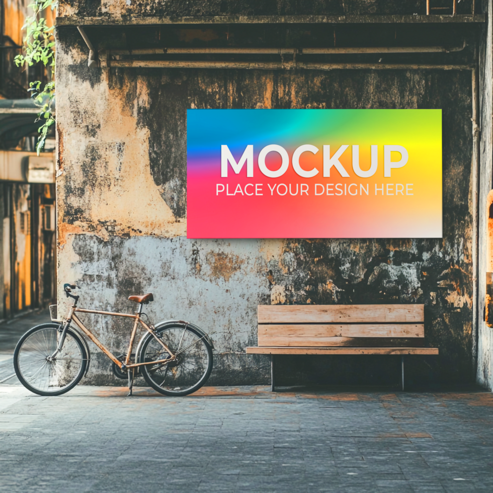 Vibrant Billboard Mockup Urban Street Scene with Bicycle and Bench psd