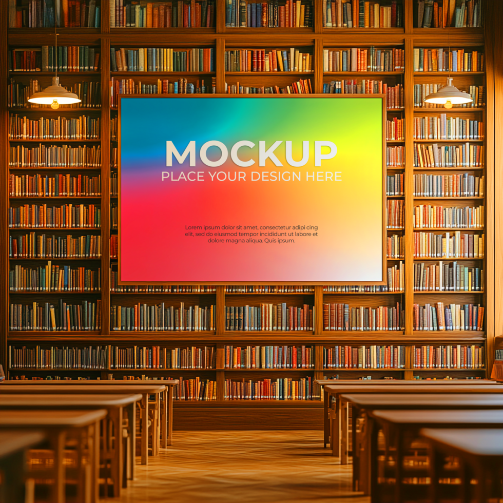 Presentation Mockup Vibrant Screen in Classic Library Setting psd