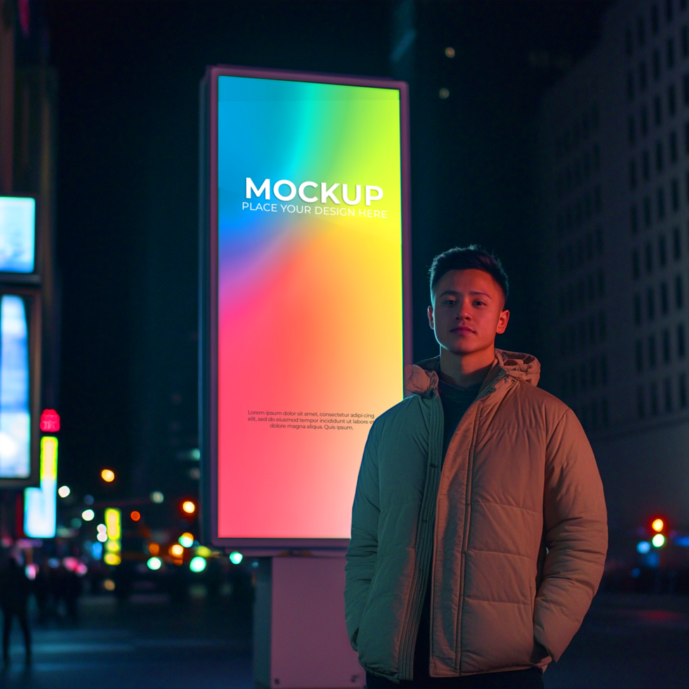 Night City Portrait Man Posing by Vibrant Billboard Advertisement psd