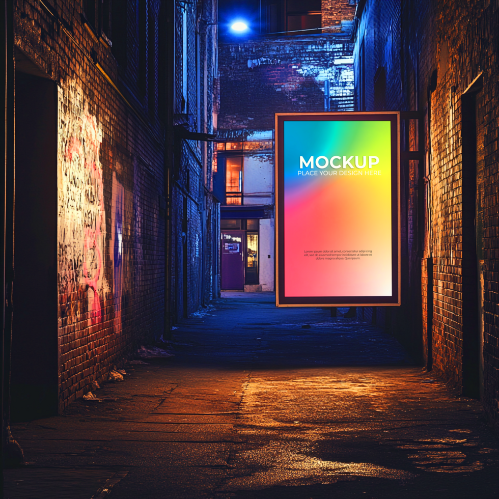 Vibrant Billboard in Urban Alleyway at Night Striking Cityscape Visual psd