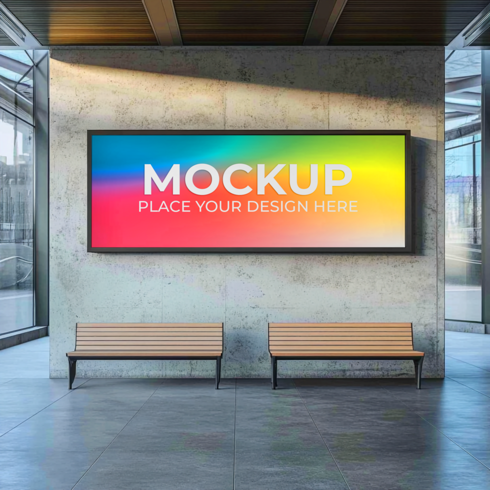 Modern Building Interior with Colorful Digital Signage Mockup psd