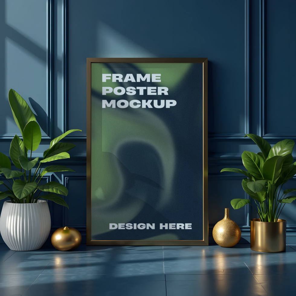 Standing Frame Poster Mockup Dark Blue Interior Decor psd
