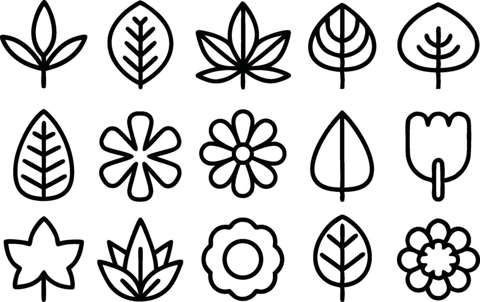 Botanical line art icon set featuring outline plant and leaf designs isolated on transparent background vector