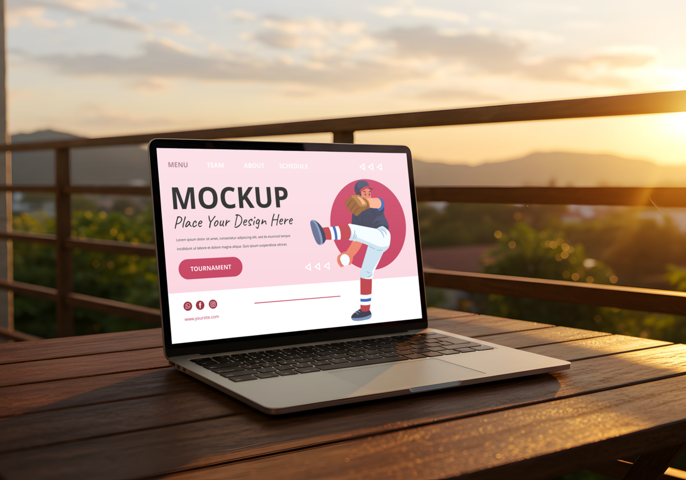 A laptop displays a baseball player pitching on a website mockup situated outdoors at sunset psd