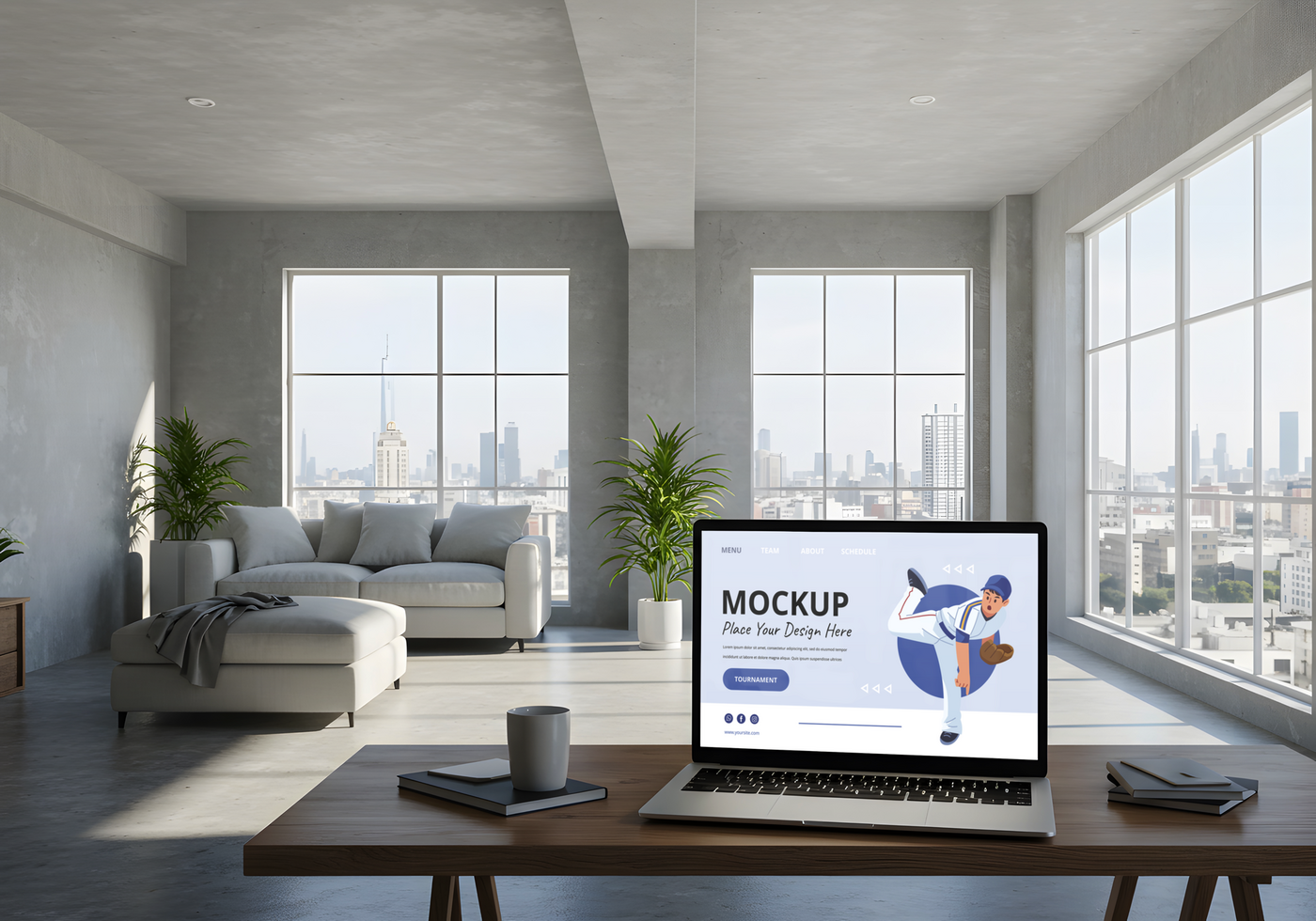 A modern minimalist living room with a laptop displaying a baseball player graphic overlooking a city skyline psd