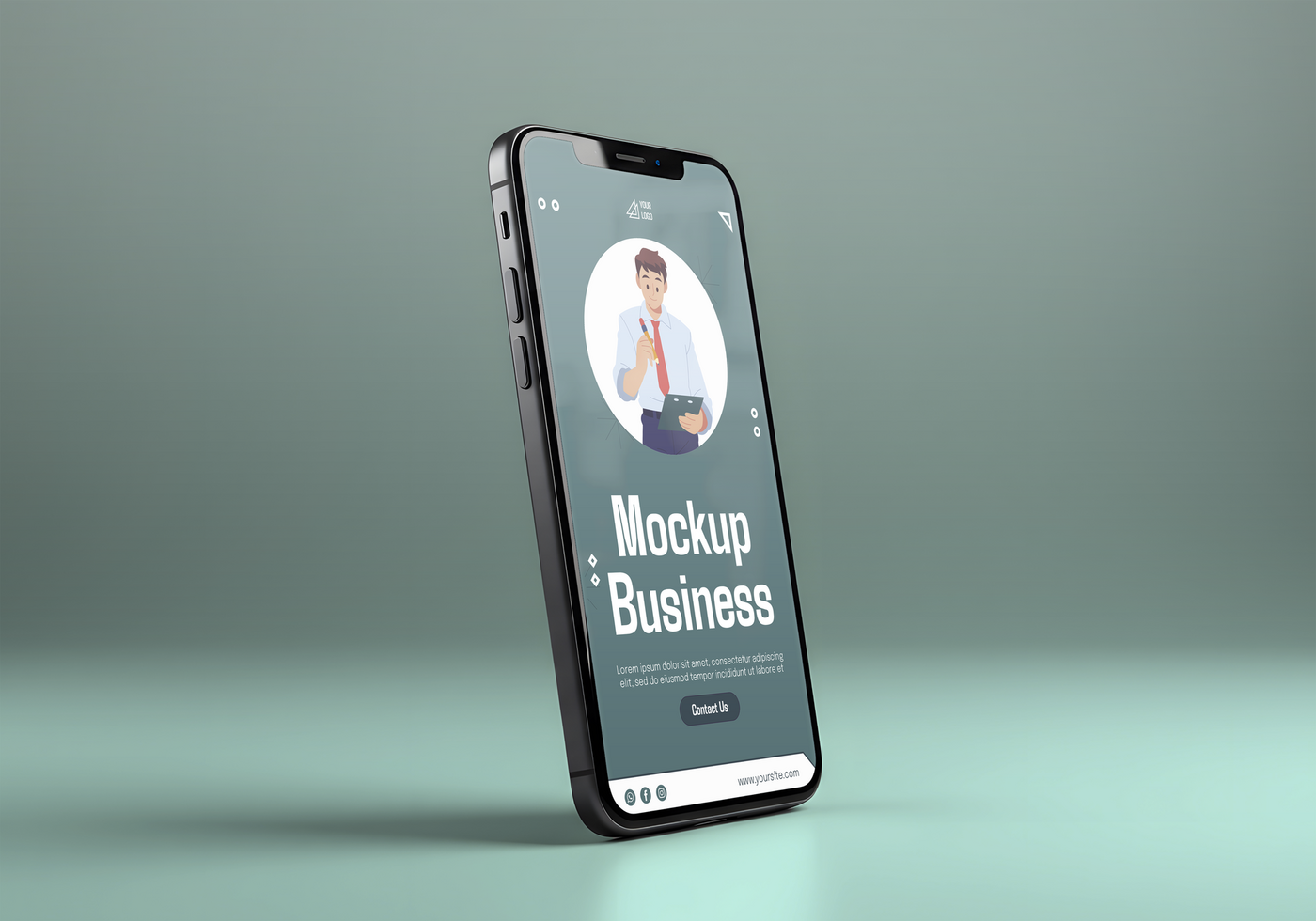 A smartphone displays a mockup business design featuring a cartoon businessman psd