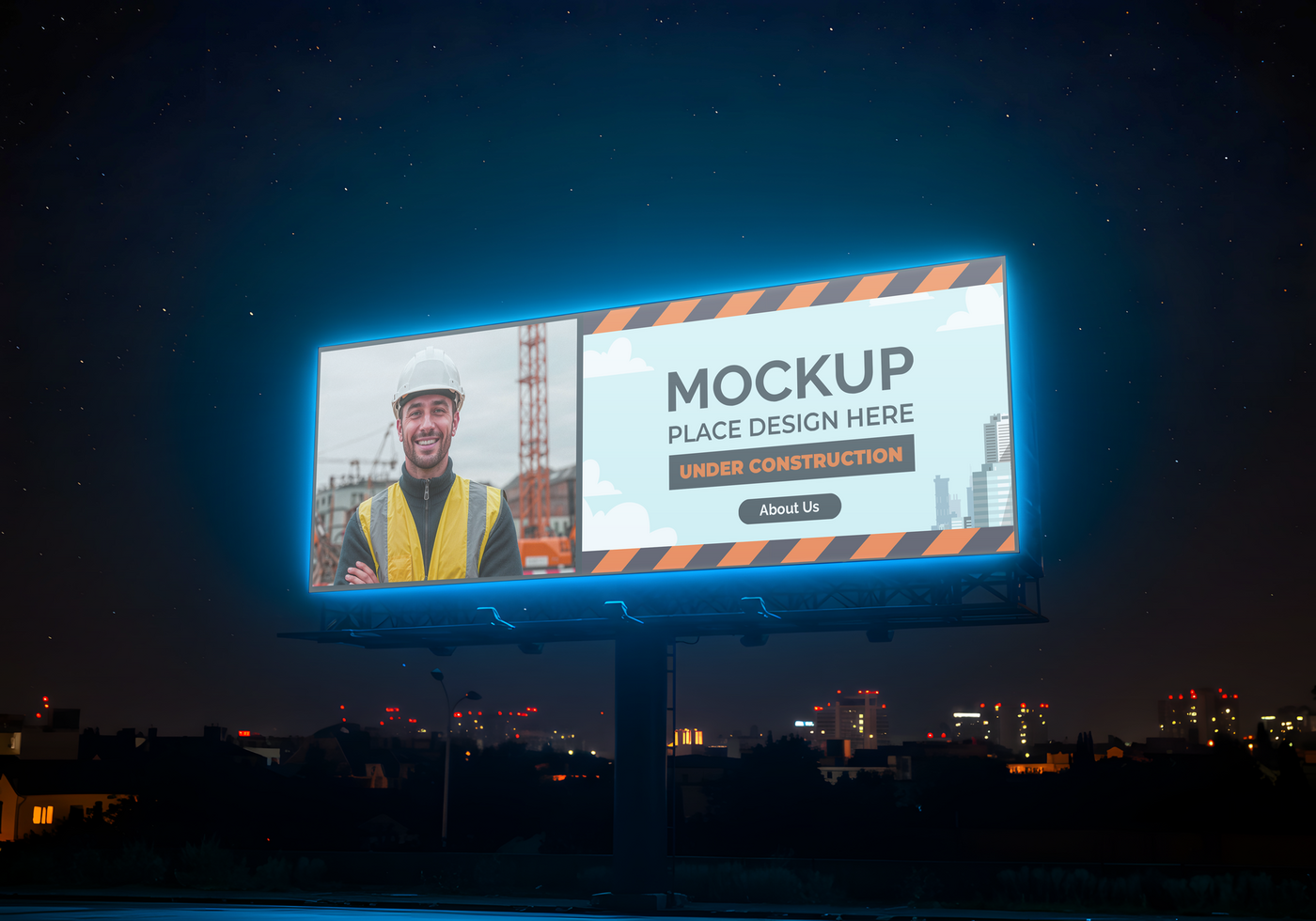 A nighttime billboard mockup featuring a construction worker illuminated against a cityscape psd