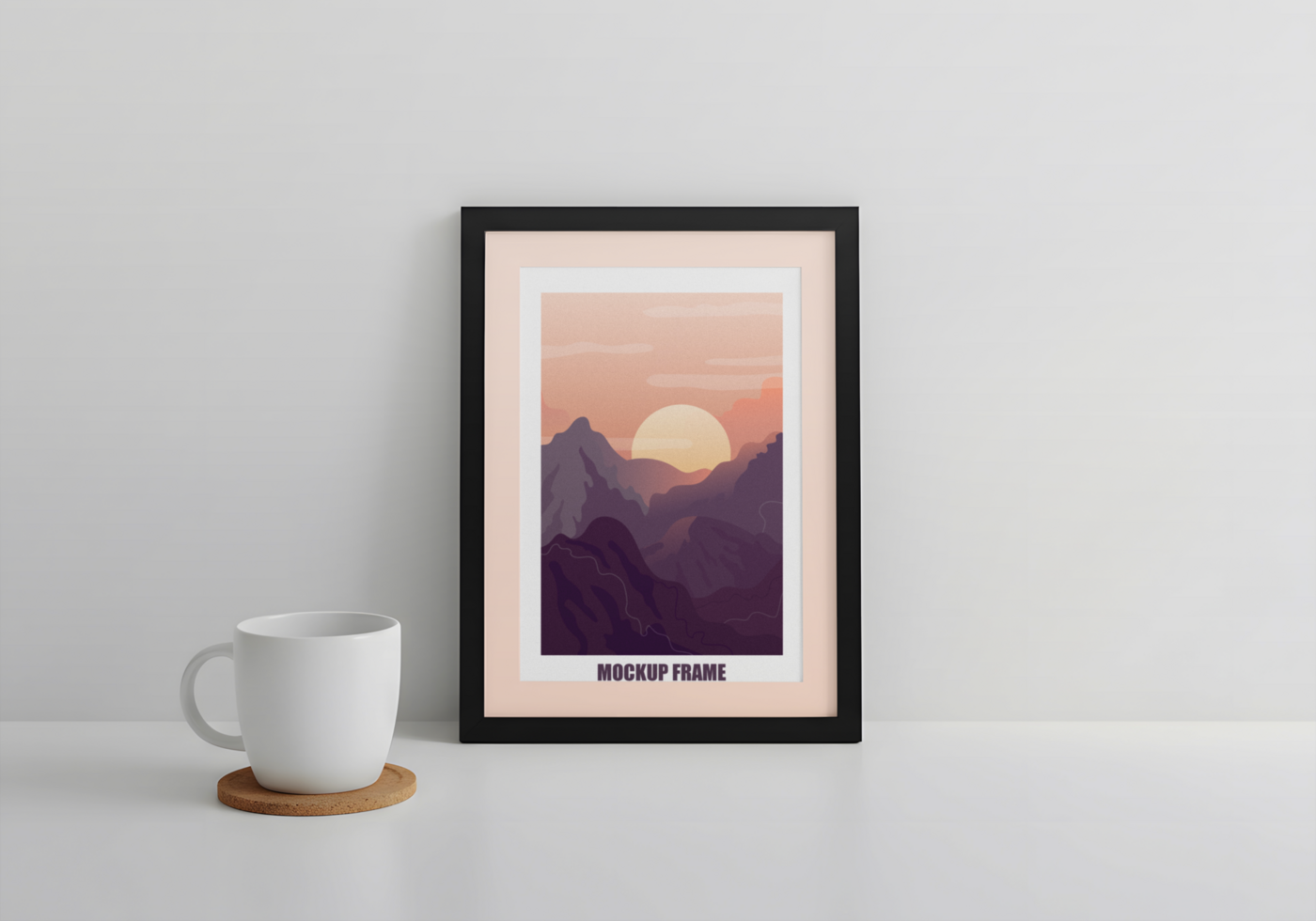 A framed mockup photo of a mother and daughter embracing sits on a table next to a mug psd