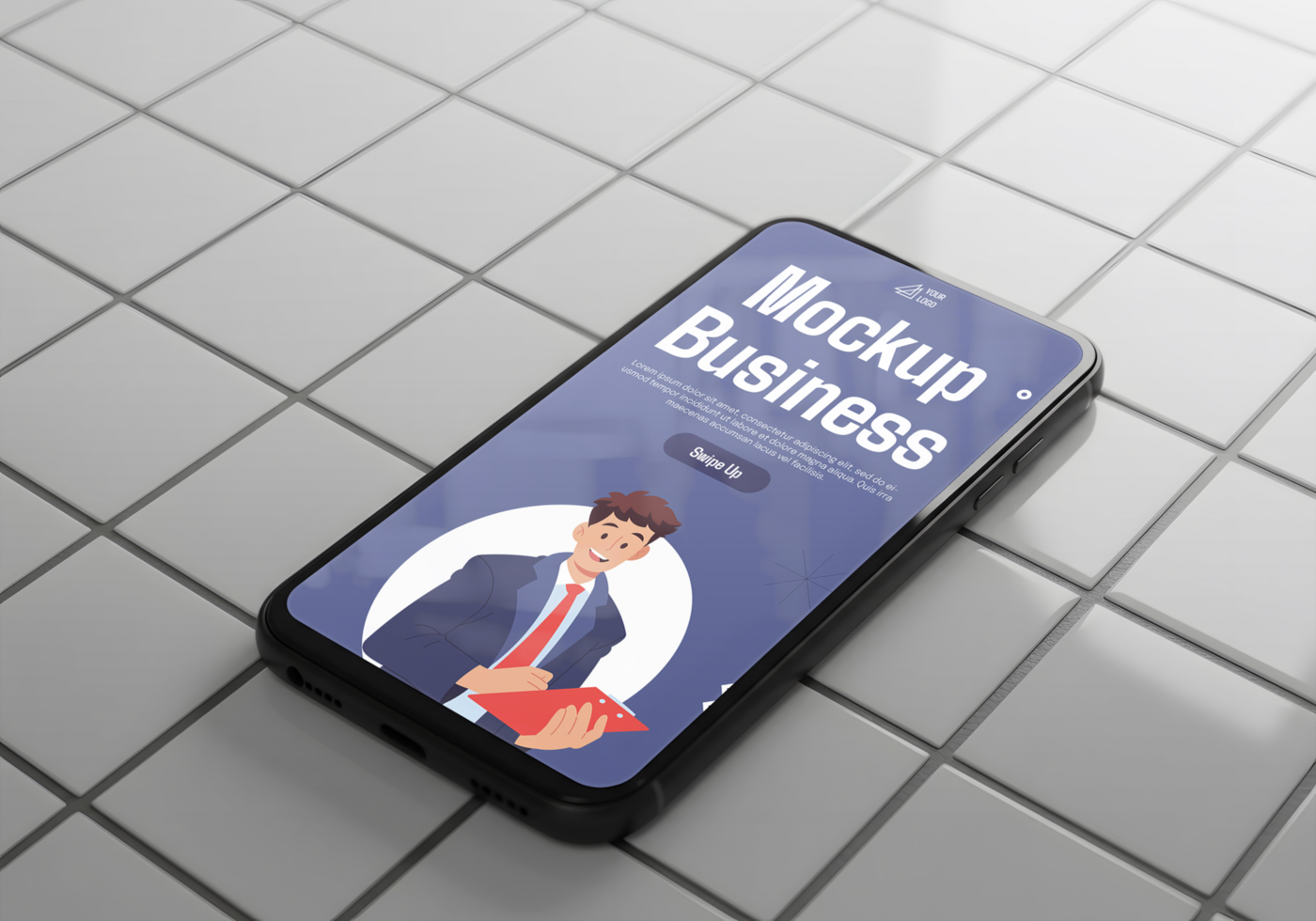 A smartphone displays a business mockup featuring a smiling businessman holding a tablet psd