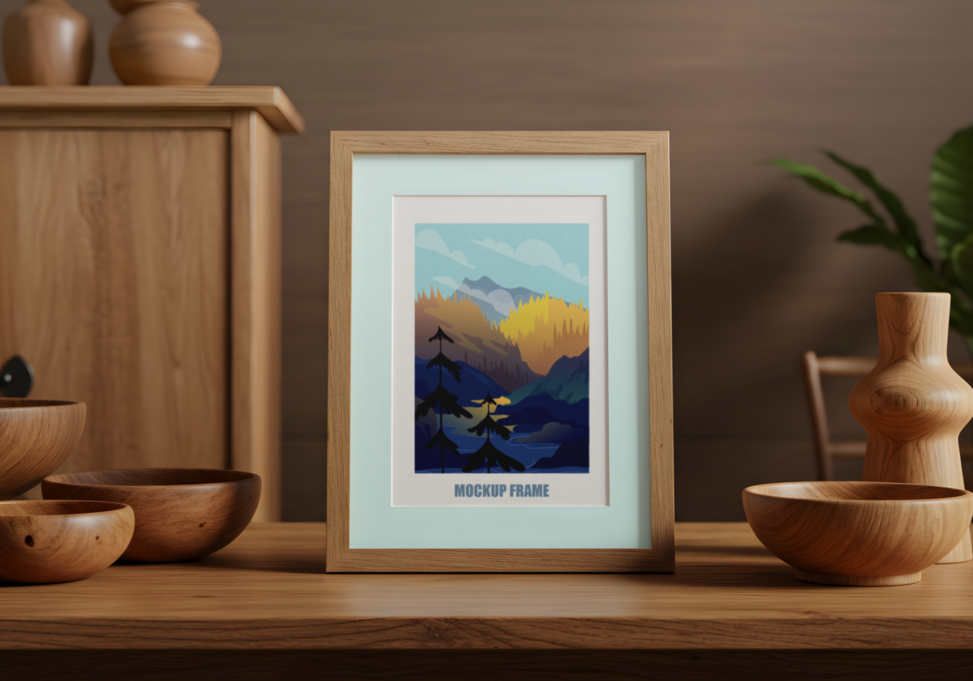 A wooden frame mockup displays a pink design and a placeholder image of two smiling women psd