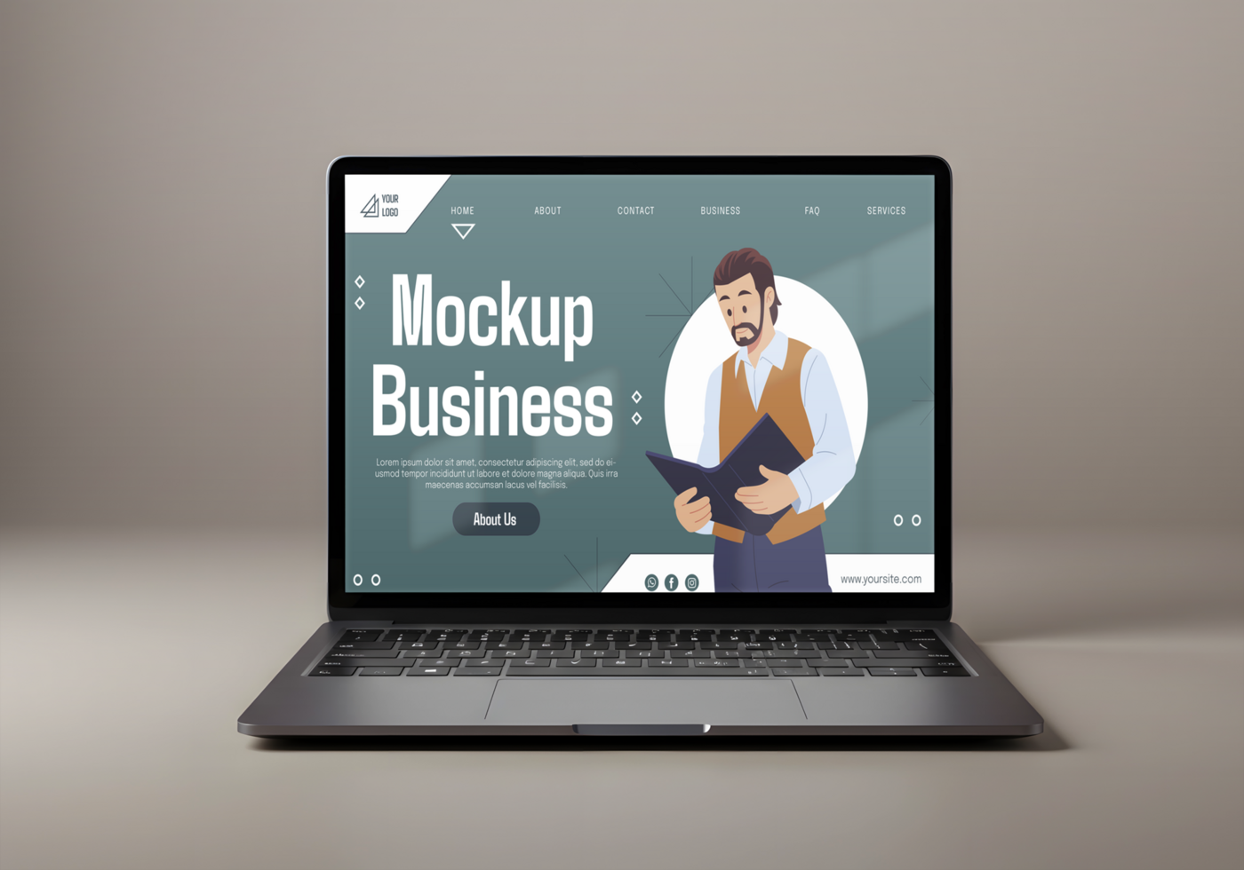 A laptop displays a mockup business website featuring a man reviewing documents psd
