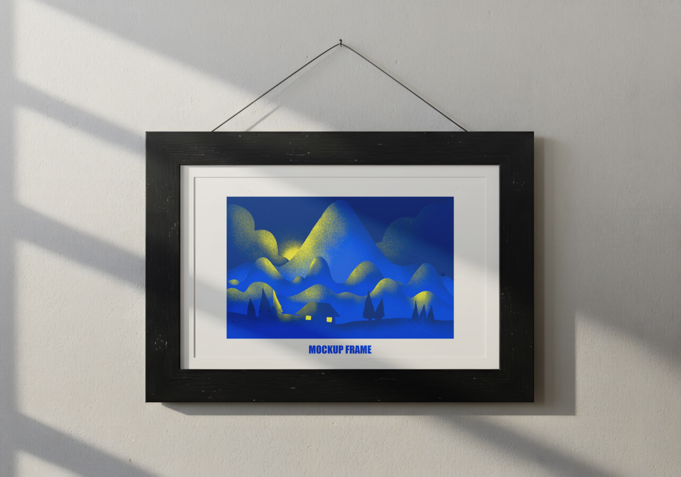 A black frame hangs on a wall displaying a mockup of a mother and child psd