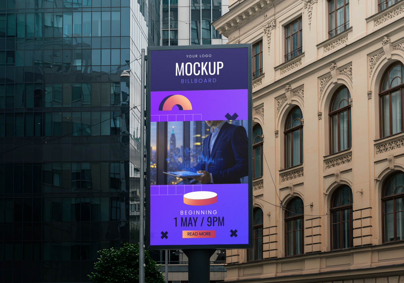 A city billboard advertises an event beginning May 1st at 9 PM psd