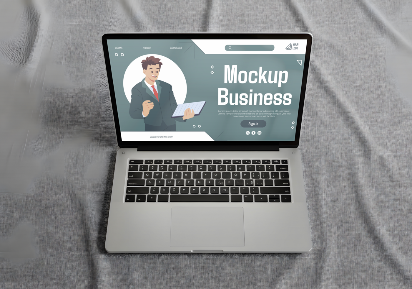 A Sleek Laptop with Blank Screen Resting on a Gray Fabric Surface psd