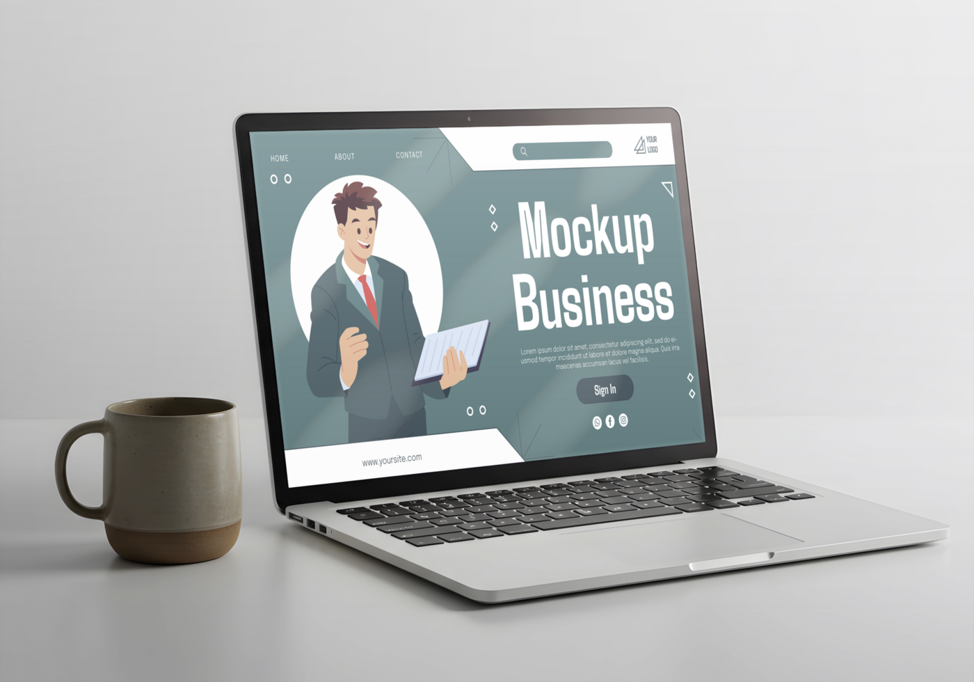 A laptop displays a mockup business website featuring a friendly businessman psd