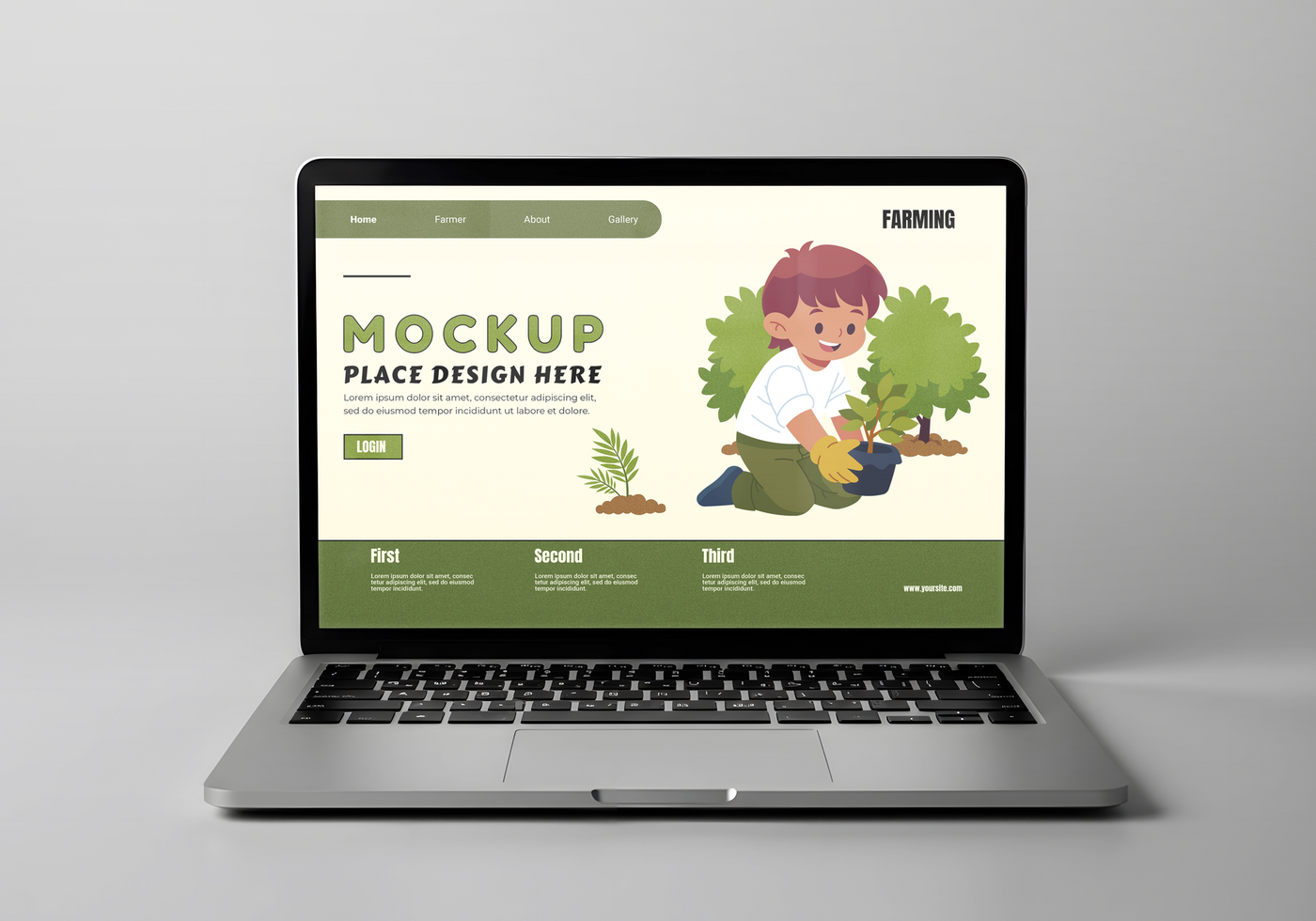 A laptop displays a website mockup featuring a child planting a tree promoting farming psd