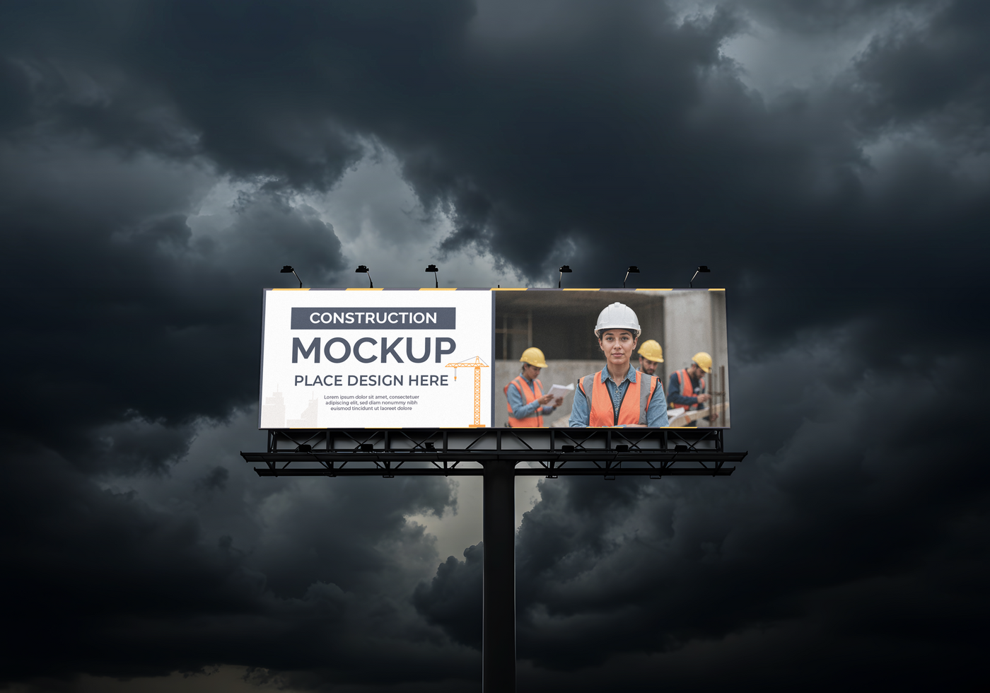 A construction mockup billboard displays a female engineer and her crew under a stormy sky psd