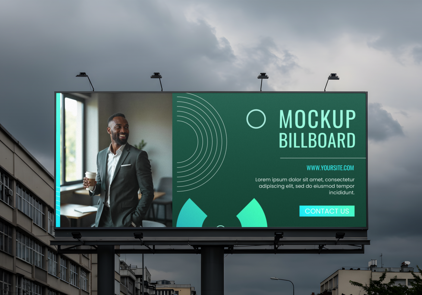 A mockup billboard displays a smiling businessman holding a coffee cup against a dark green background psd