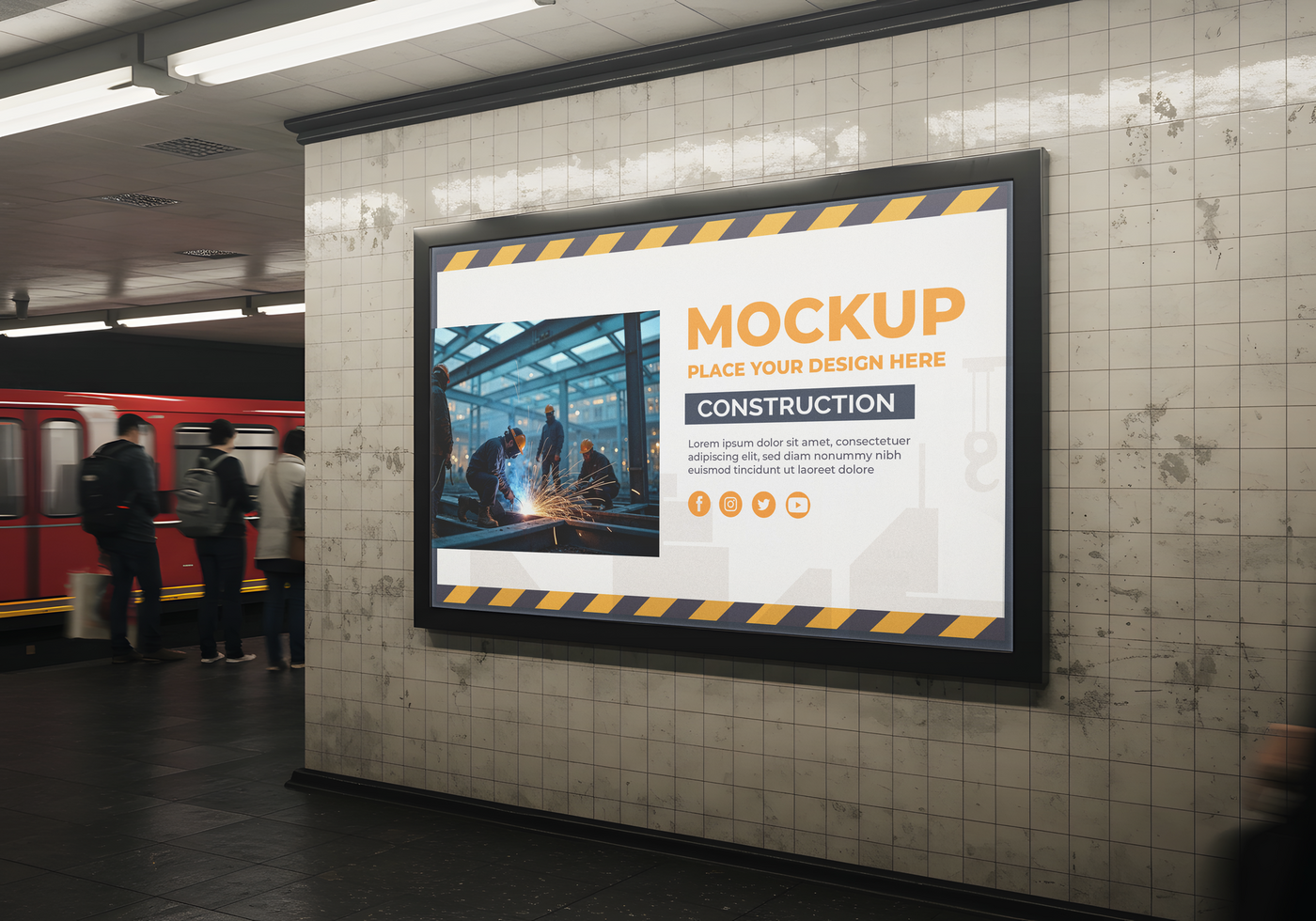 A construction mockup advertisement hangs in a subway station psd