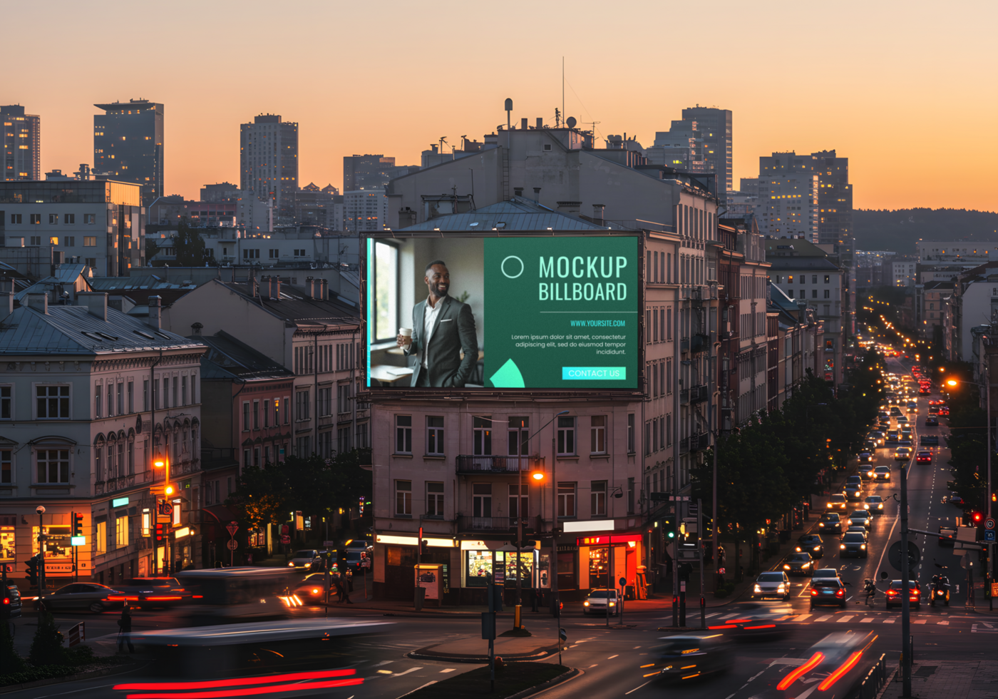 A city street at dusk with a large billboard displaying a mockup advertisement psd