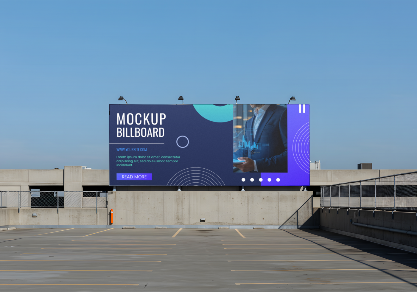 A mockup billboard displaying a businessman and data analytics sits atop a parking garage psd