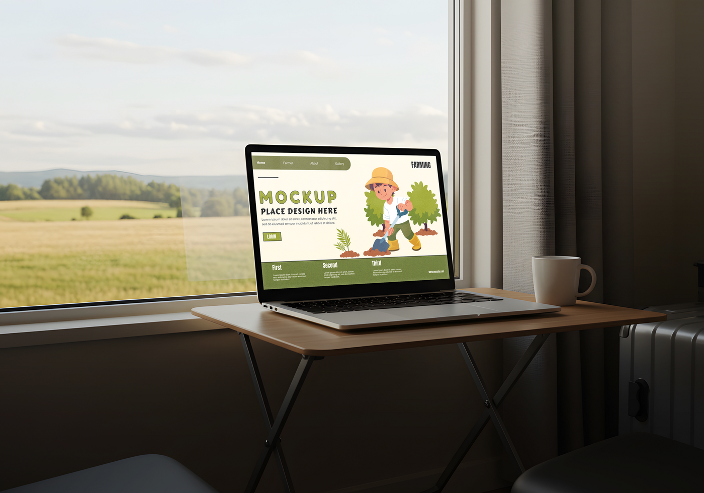 A laptop displays a farming website mockup set against a tranquil countryside view psd