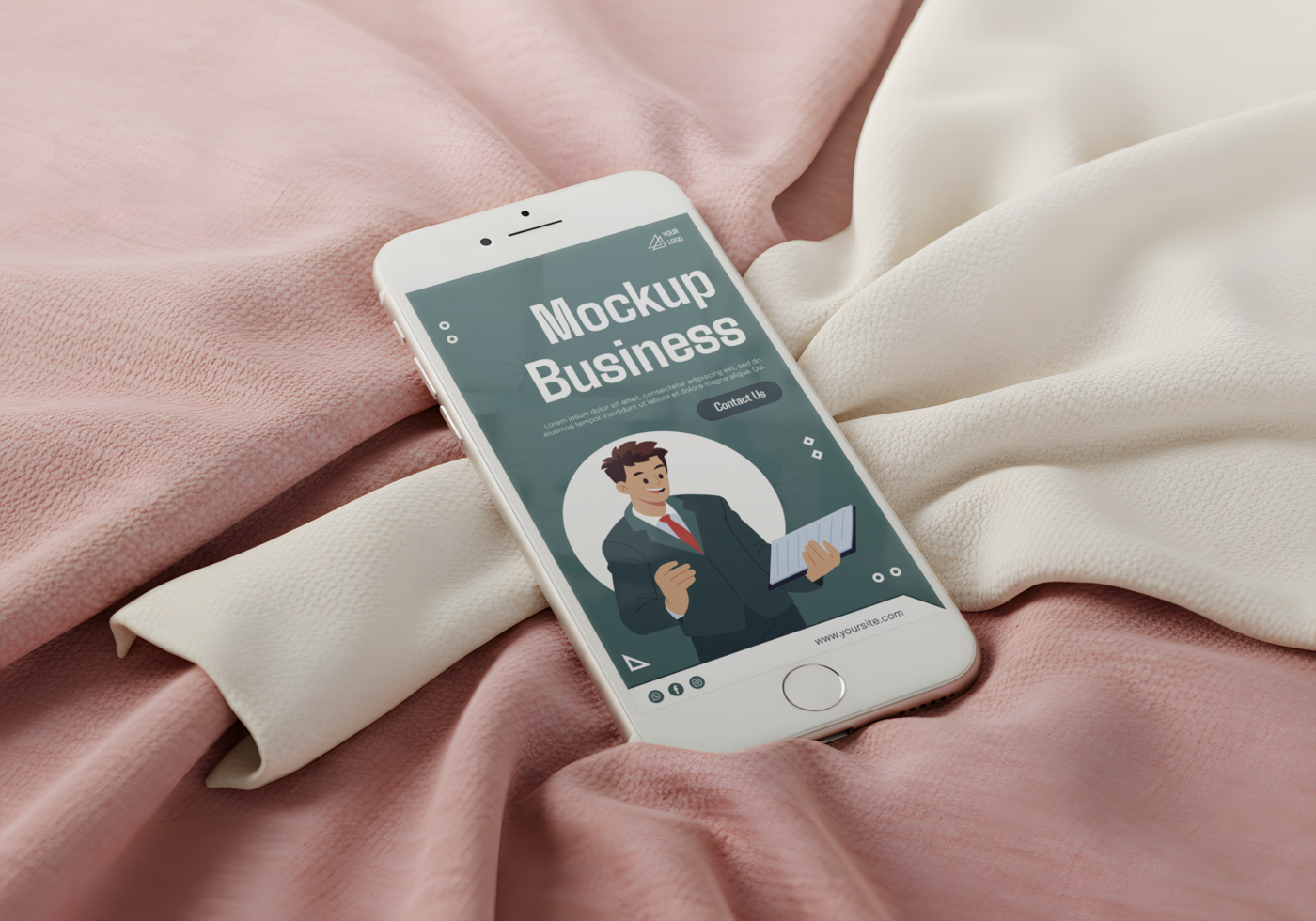A smartphone displaying a business mockup rests on a soft pink fabric psd