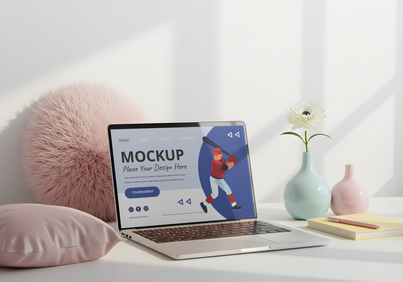 A laptop displaying a baseball player graphic rests on a table beside fluffy pillows and delicate vases psd