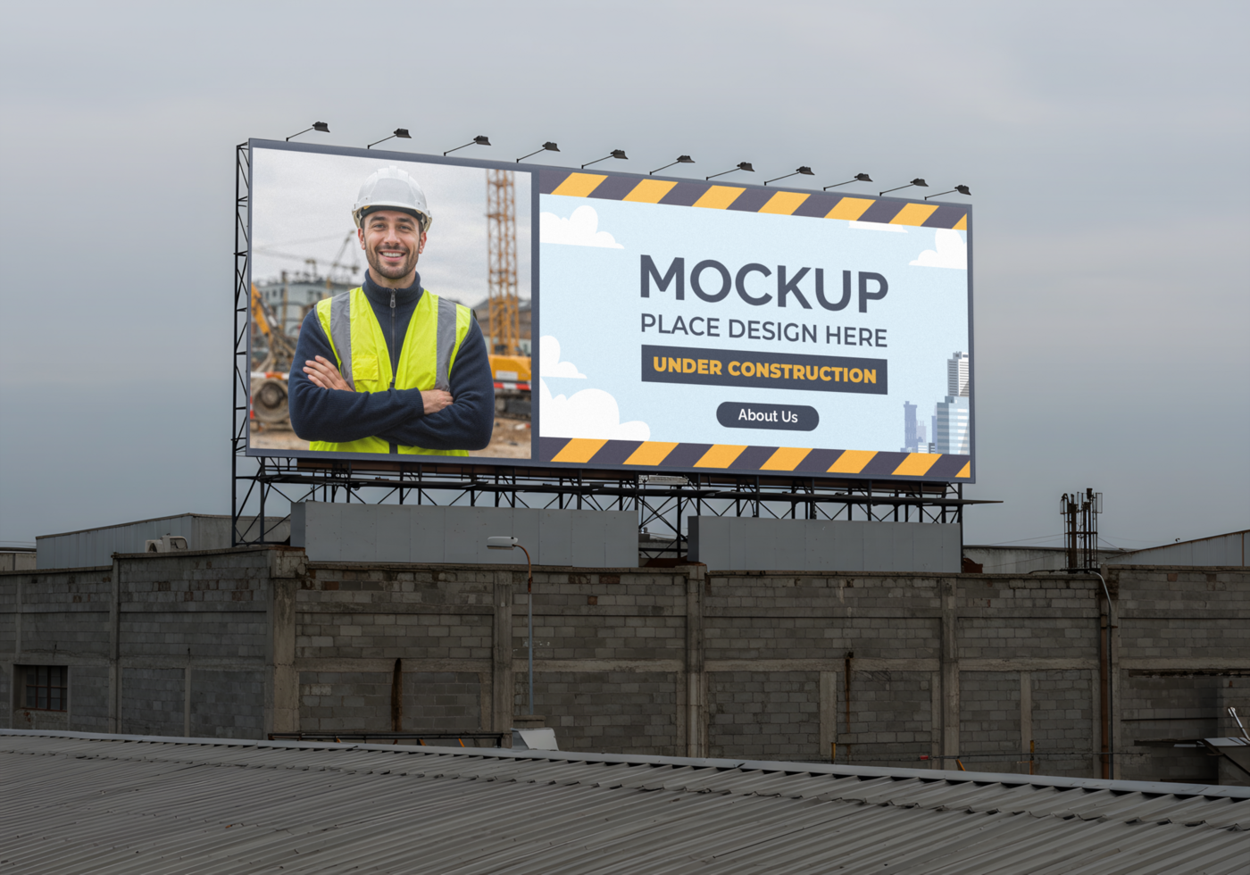 A large billboard displaying a confident construction worker and the words Mockup Place design here Under Construction psd