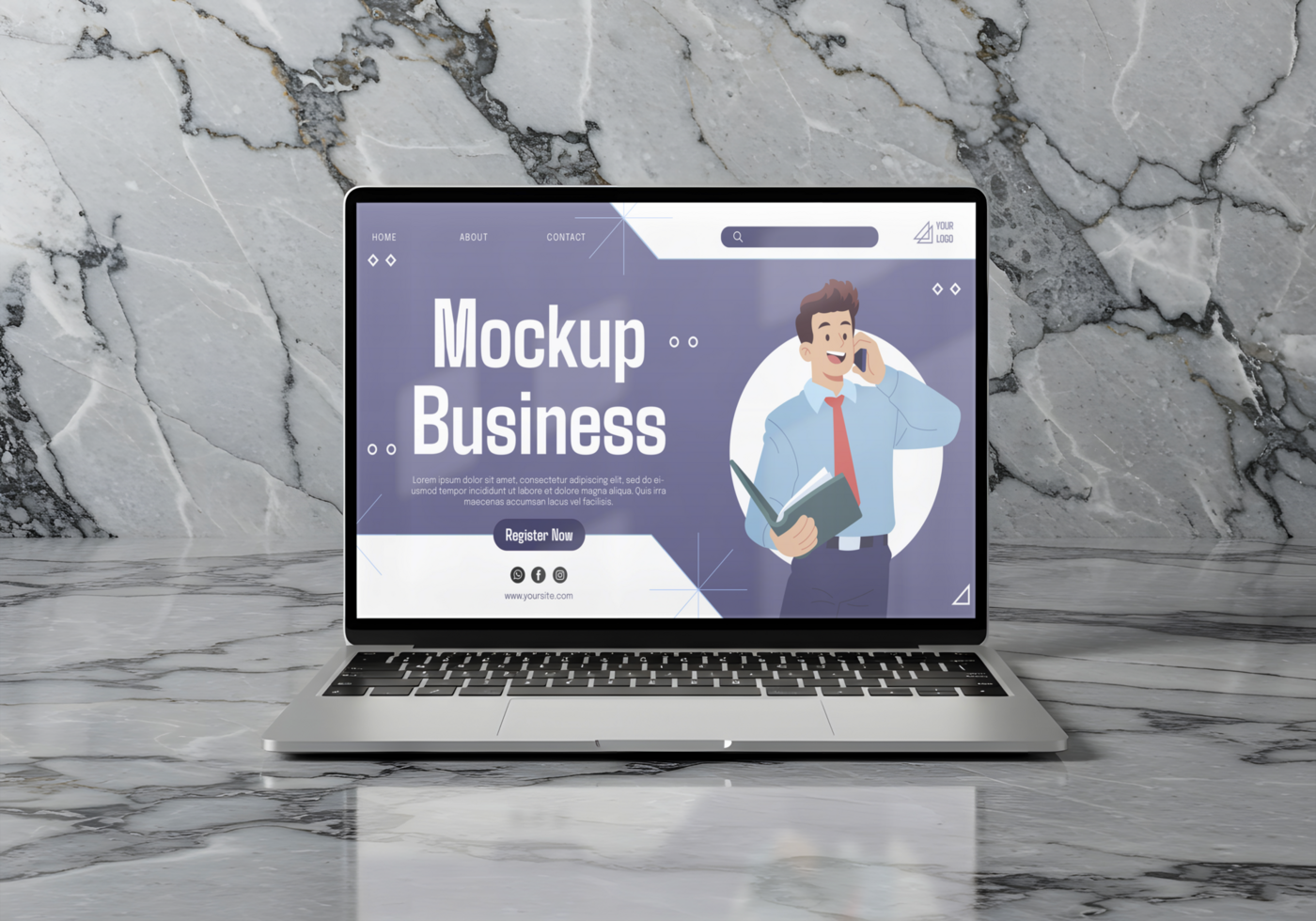 A laptop displays a mockup business website featuring a man on a phone call psd